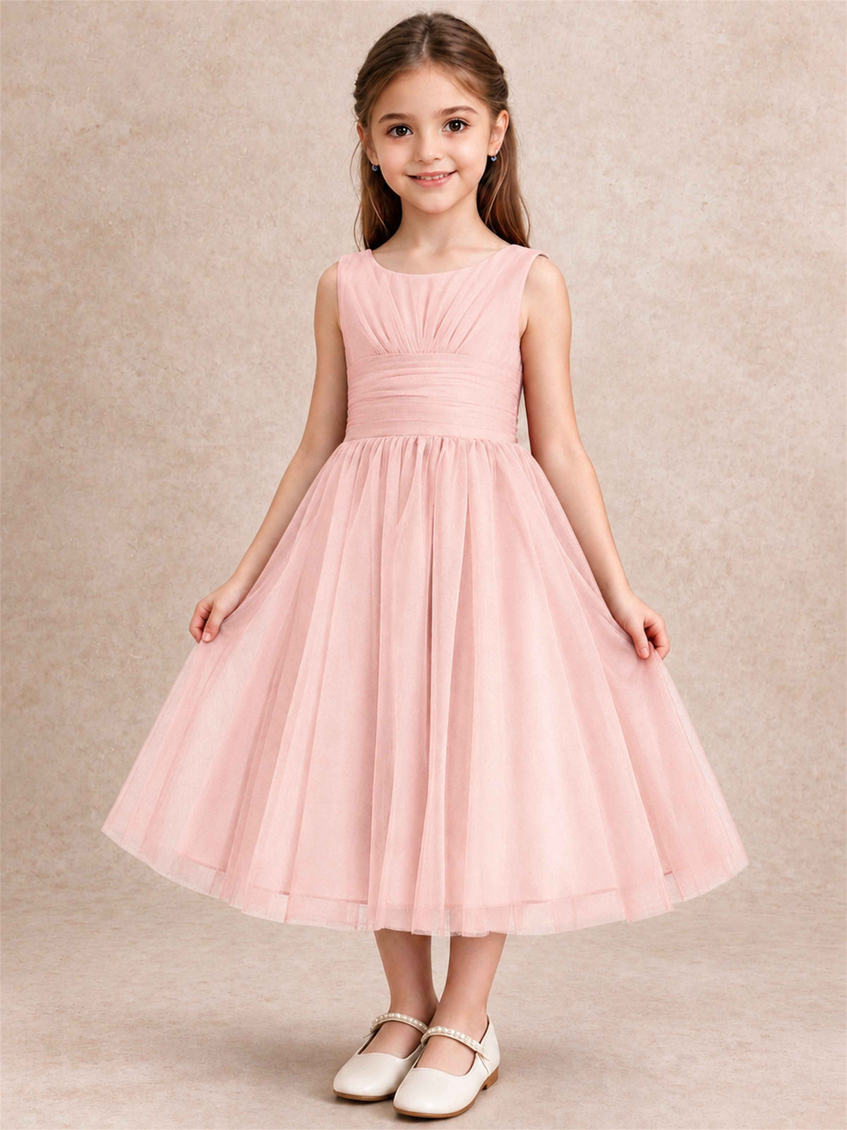Sleeveless Tulle Flower Girl Dress A Line Tea Length Pleated Kids Wedding Party Gown