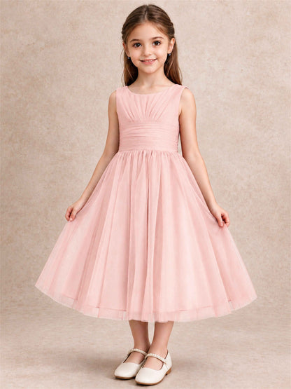 Sleeveless Tulle Flower Girl Dress A Line Tea Length Pleated Kids Wedding Party Gown