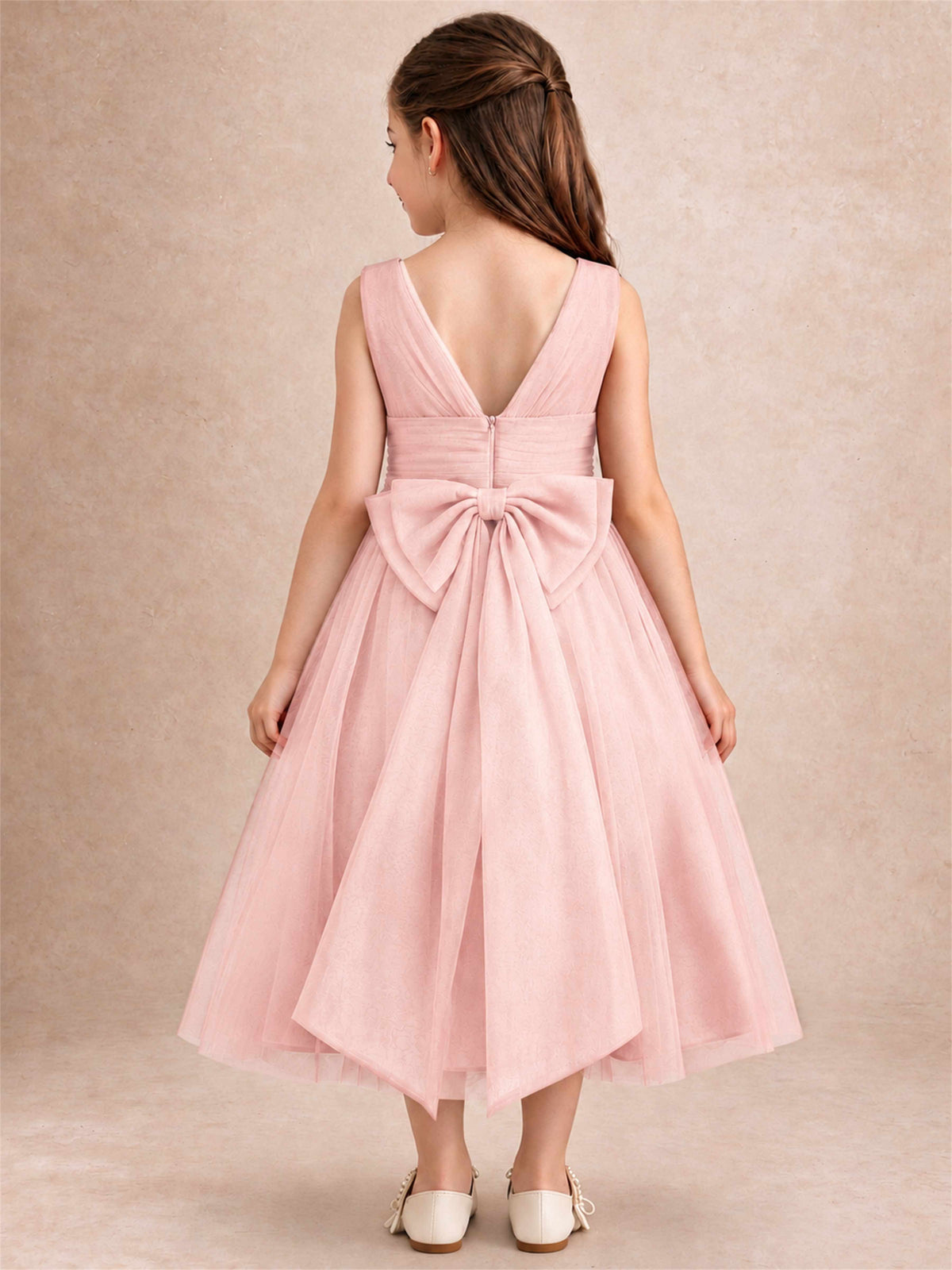 Sleeveless Tulle Flower Girl Dress A Line Tea Length Pleated Kids Wedding Party Gown