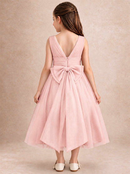 Sleeveless Tulle Flower Girl Dress A Line Tea Length Pleated Kids Wedding Party Gown