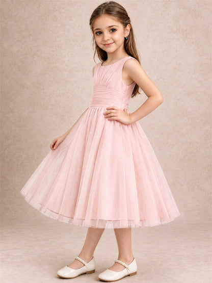 Sleeveless Tulle Flower Girl Dress A Line Tea Length Pleated Kids Wedding Party Gown