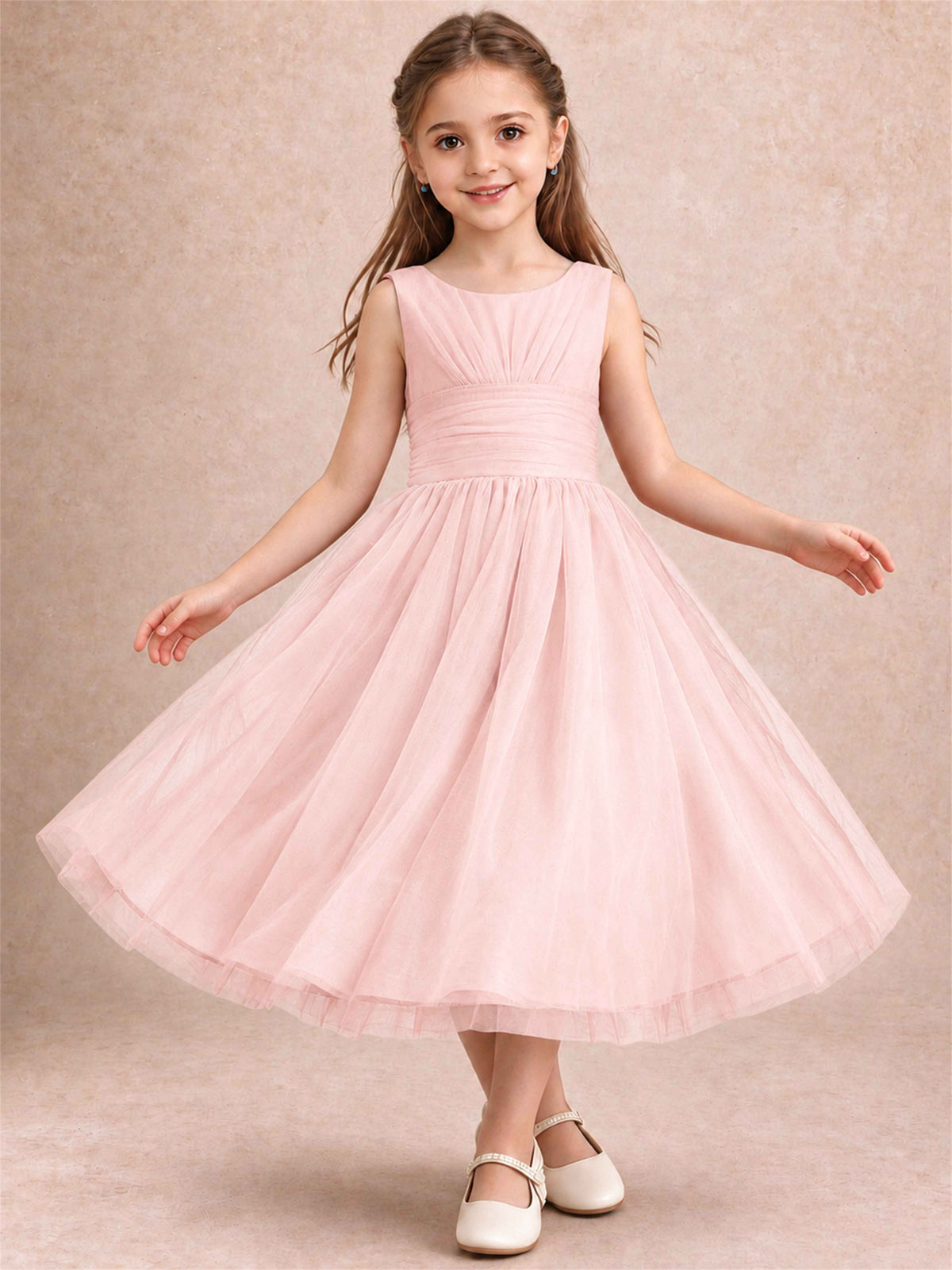 Sleeveless Tulle Flower Girl Dress A Line Tea Length Pleated Kids Wedding Party Gown