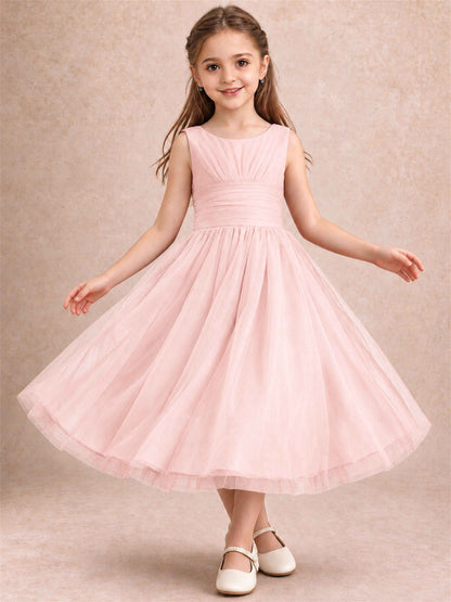 Sleeveless Tulle Flower Girl Dress A Line Tea Length Pleated Kids Wedding Party Gown