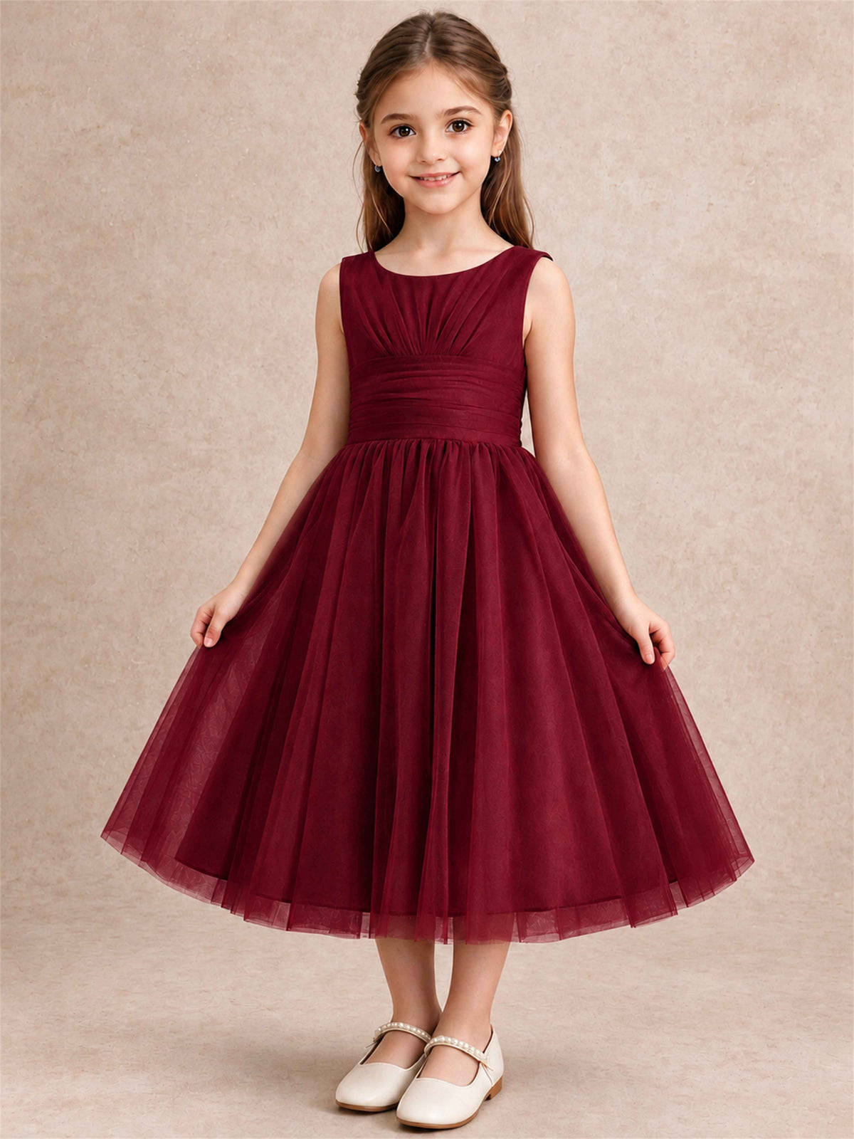Sleeveless Tulle Flower Girl Dress A Line Tea Length Pleated Kids Wedding Party Gown