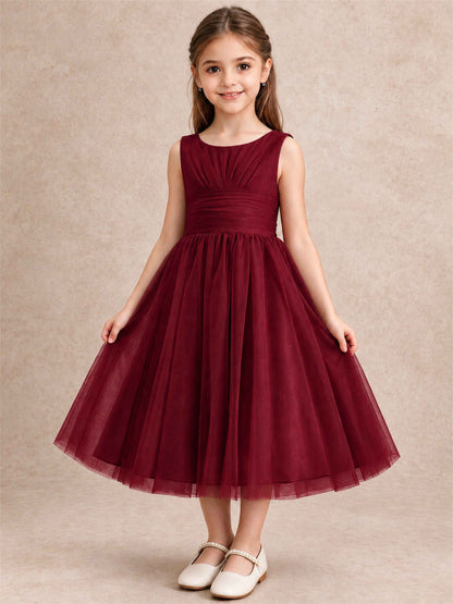 Sleeveless Tulle Flower Girl Dress A Line Tea Length Pleated Kids Wedding Party Gown