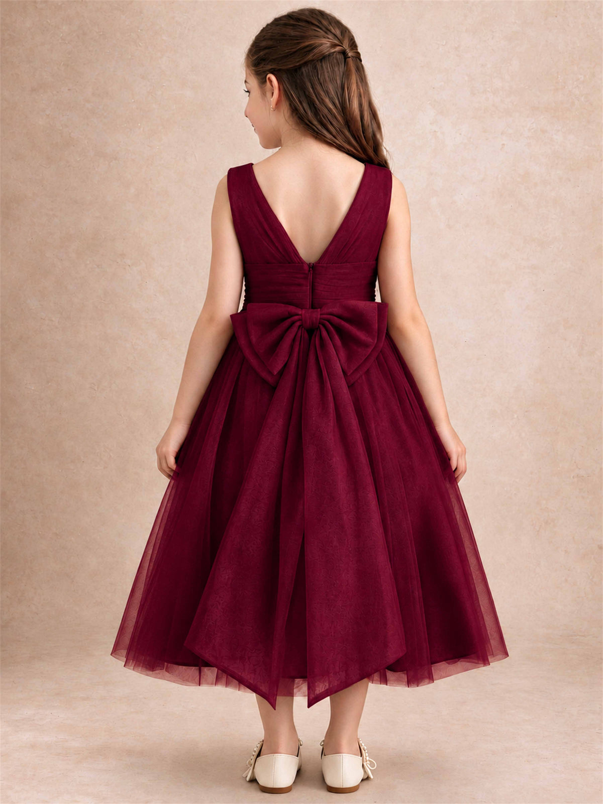 Sleeveless Tulle Flower Girl Dress A Line Tea Length Pleated Kids Wedding Party Gown
