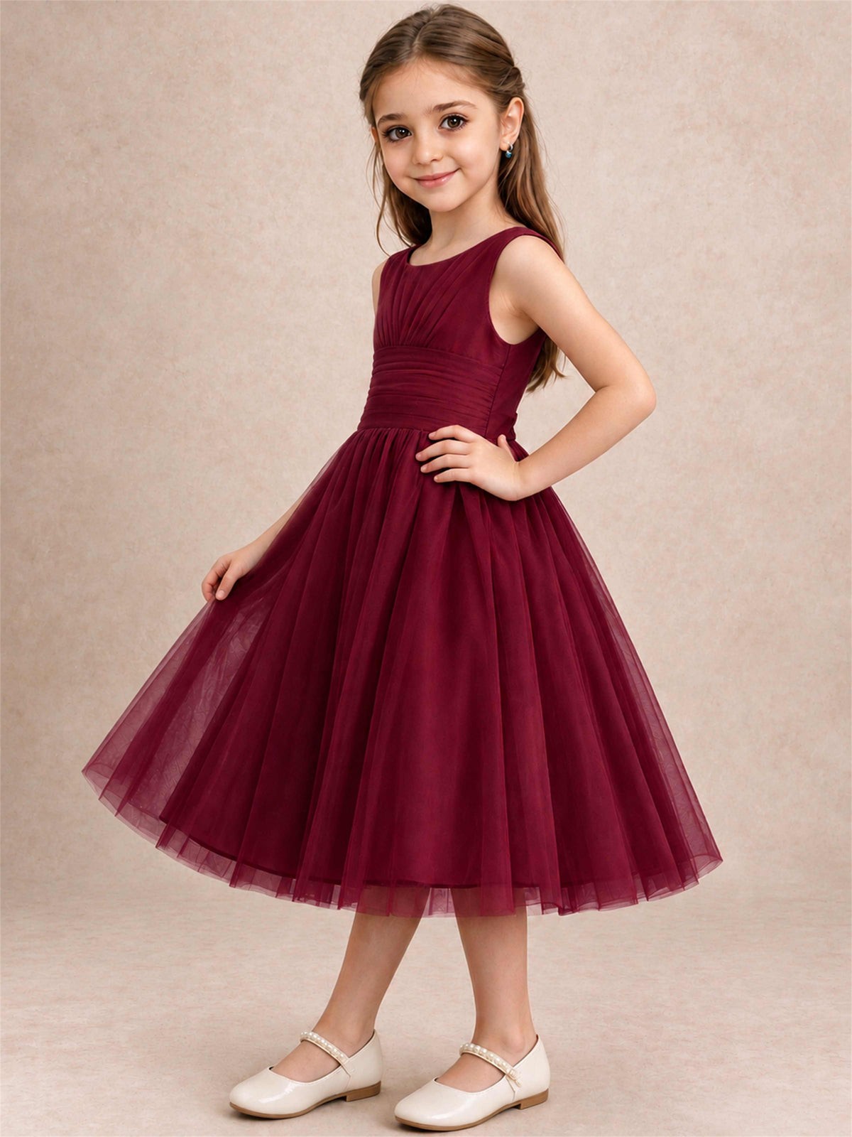 Sleeveless Tulle Flower Girl Dress A Line Tea Length Pleated Kids Wedding Party Gown