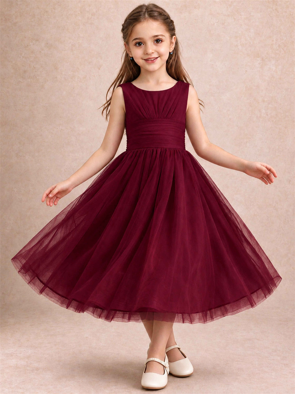 Sleeveless Tulle Flower Girl Dress A Line Tea Length Pleated Kids Wedding Party Gown