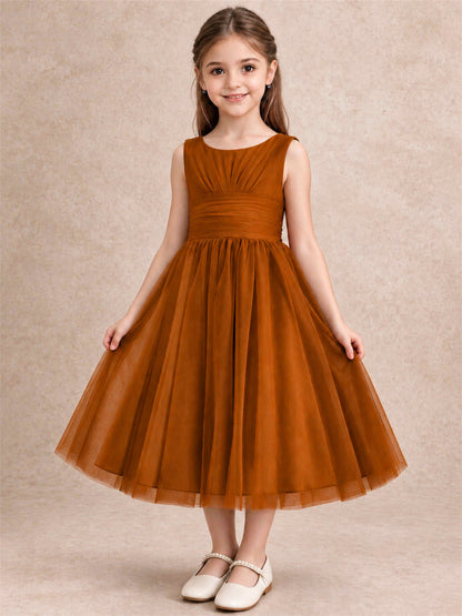 Sleeveless Tulle Flower Girl Dress A Line Tea Length Pleated Kids Wedding Party Gown