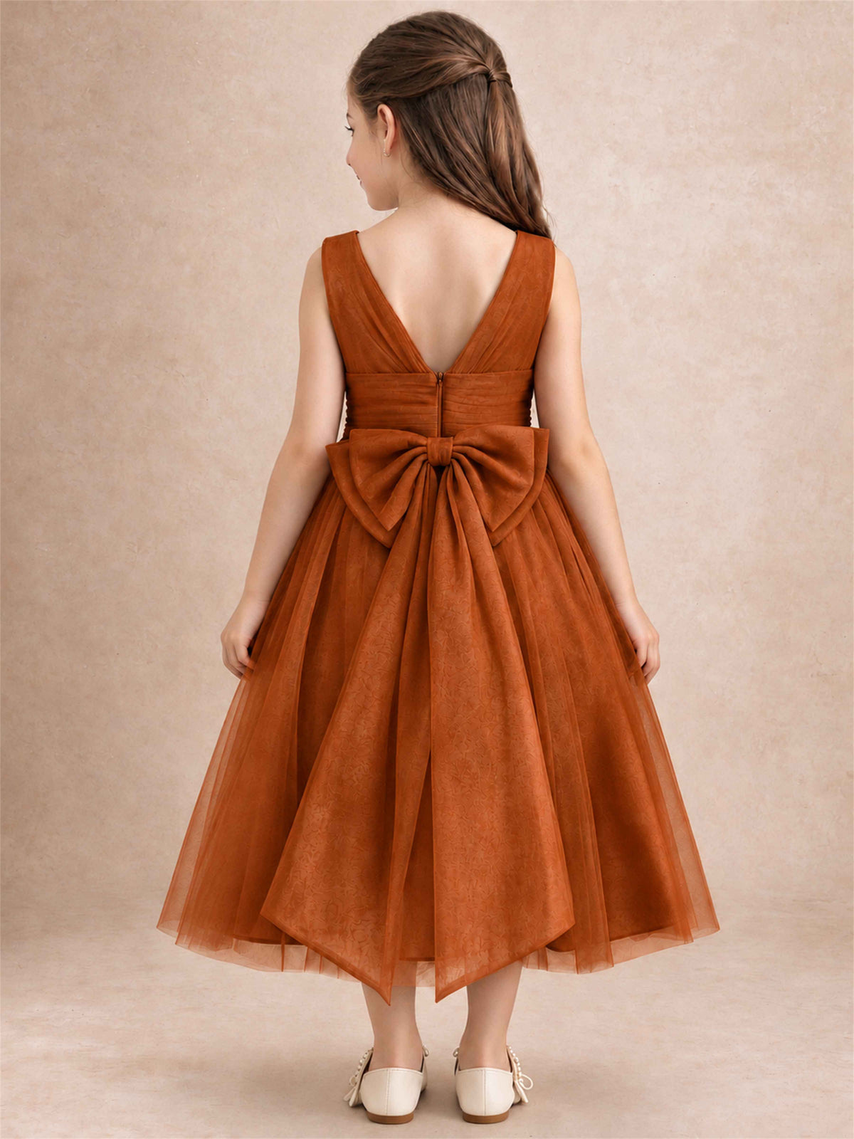 Sleeveless Tulle Flower Girl Dress A Line Tea Length Pleated Kids Wedding Party Gown