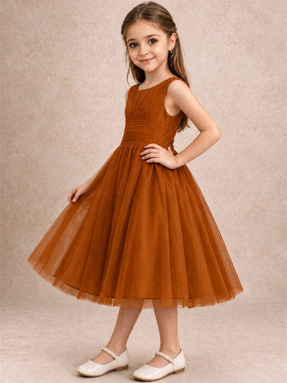 Sleeveless Tulle Flower Girl Dress A Line Tea Length Pleated Kids Wedding Party Gown