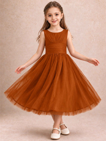 Sleeveless Tulle Flower Girl Dress A Line Tea Length Pleated Kids Wedding Party Gown