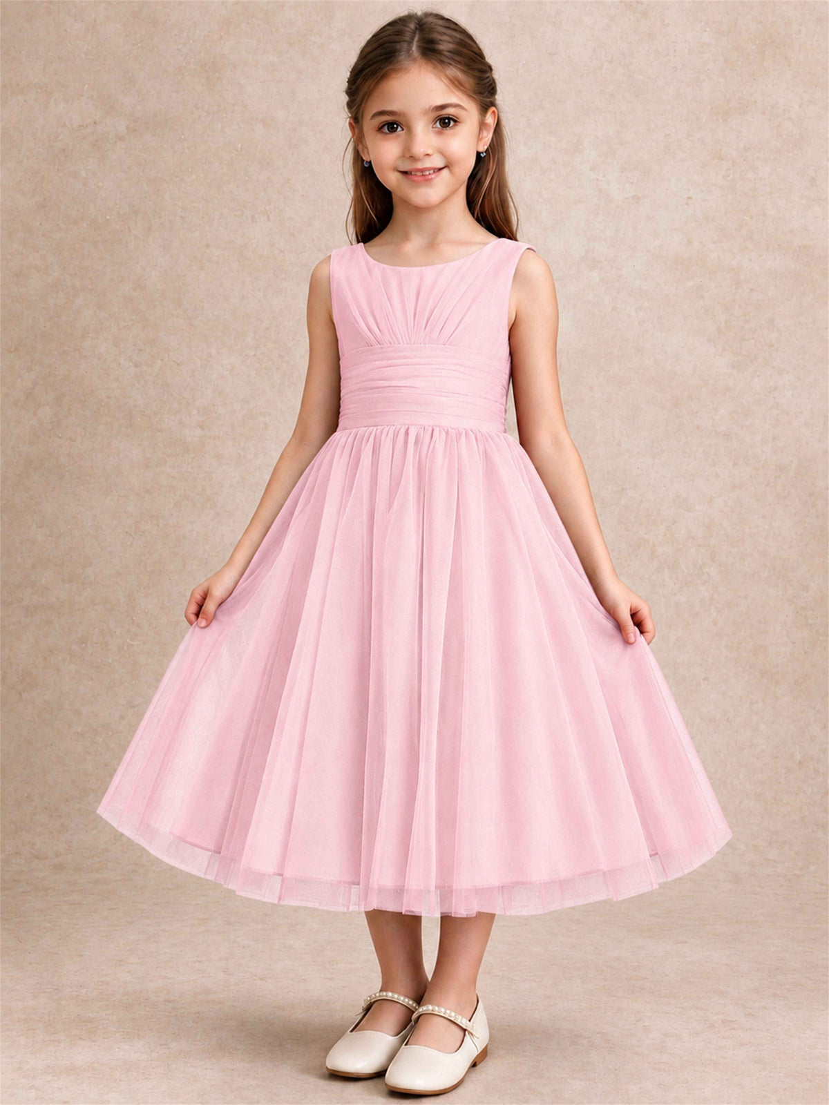 Sleeveless Tulle Flower Girl Dress A Line Tea Length Pleated Kids Wedding Party Gown