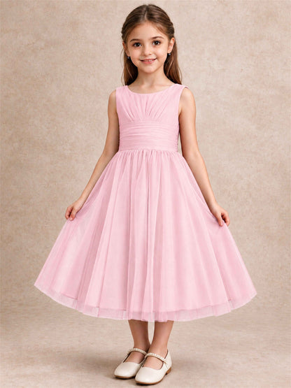 Sleeveless Tulle Flower Girl Dress A Line Tea Length Pleated Kids Wedding Party Gown