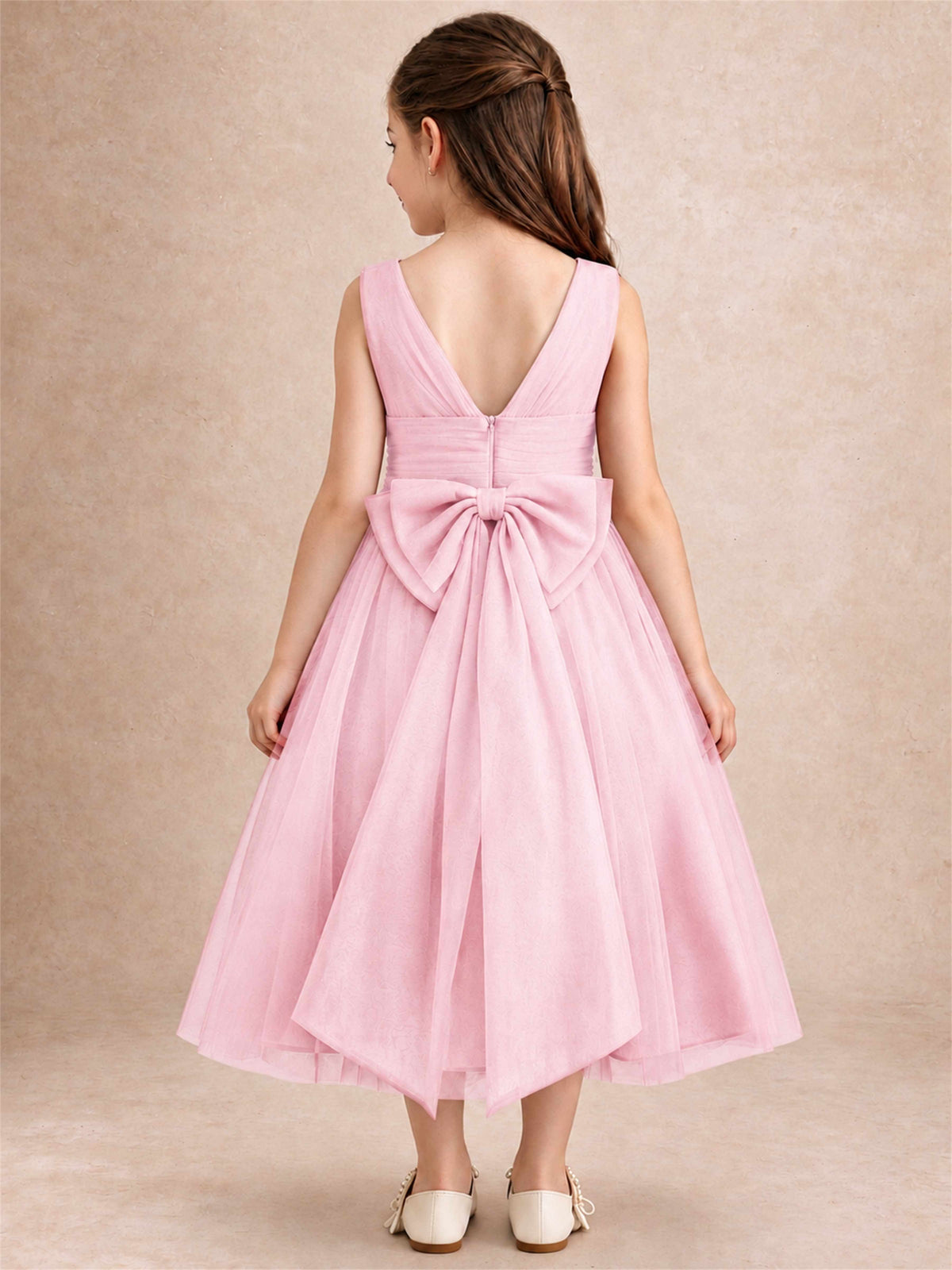 Sleeveless Tulle Flower Girl Dress A Line Tea Length Pleated Kids Wedding Party Gown