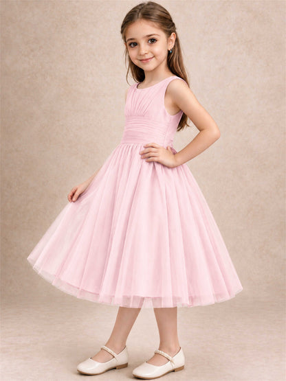 Sleeveless Tulle Flower Girl Dress A Line Tea Length Pleated Kids Wedding Party Gown
