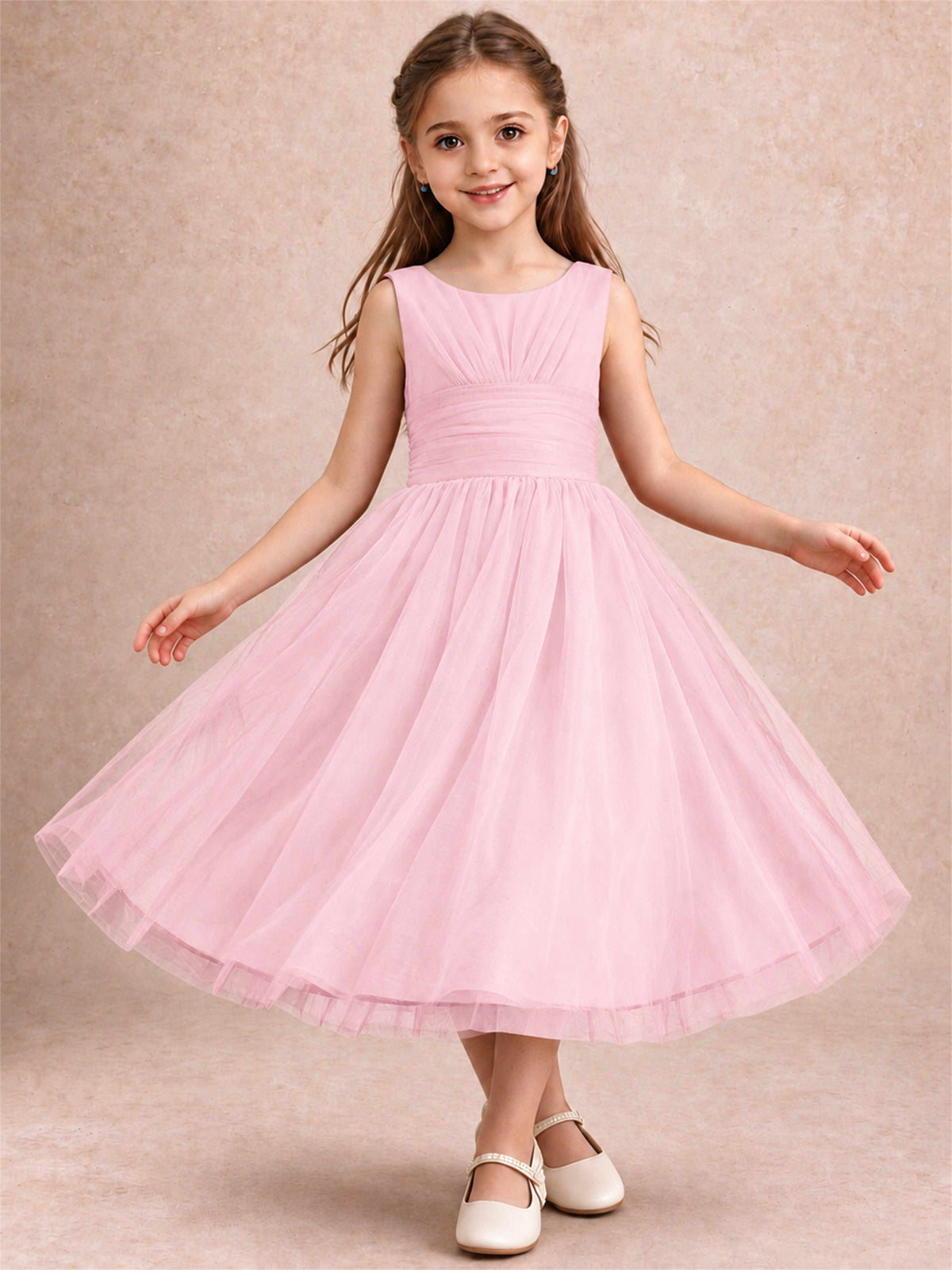 Sleeveless Tulle Flower Girl Dress A Line Tea Length Pleated Kids Wedding Party Gown