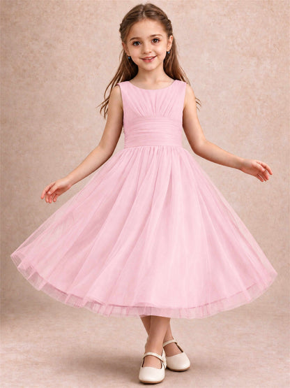 Sleeveless Tulle Flower Girl Dress A Line Tea Length Pleated Kids Wedding Party Gown