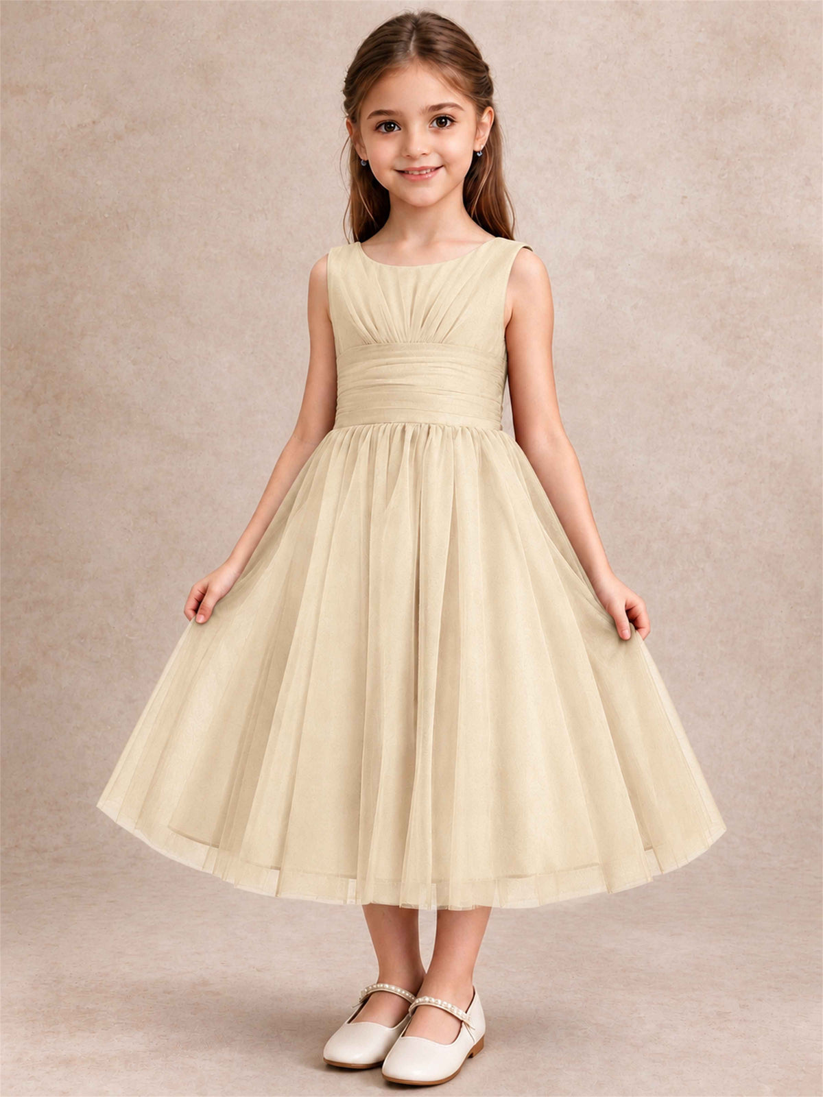 Sleeveless Tulle Flower Girl Dress A Line Tea Length Pleated Kids Wedding Party Gown