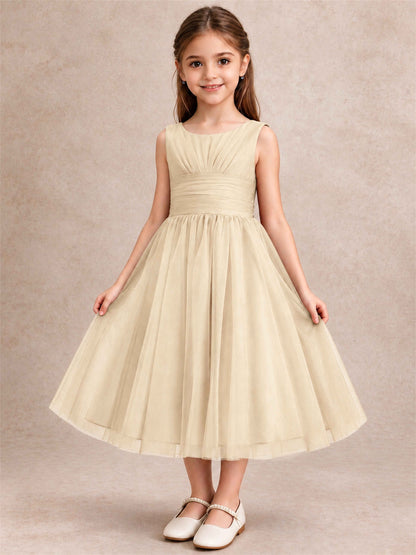 Sleeveless Tulle Flower Girl Dress A Line Tea Length Pleated Kids Wedding Party Gown