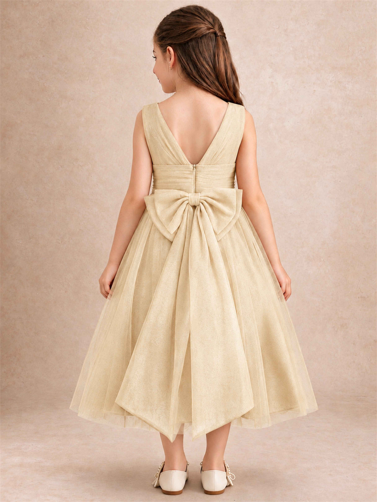 Sleeveless Tulle Flower Girl Dress A Line Tea Length Pleated Kids Wedding Party Gown