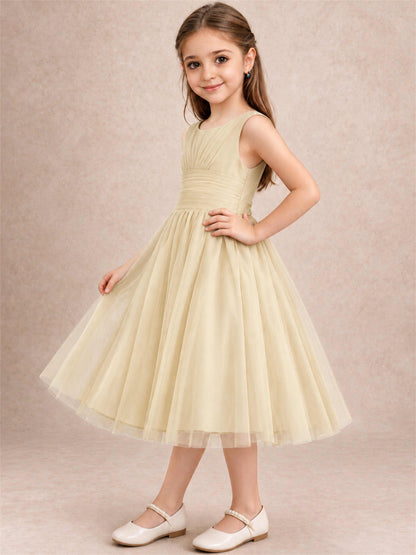 Sleeveless Tulle Flower Girl Dress A Line Tea Length Pleated Kids Wedding Party Gown