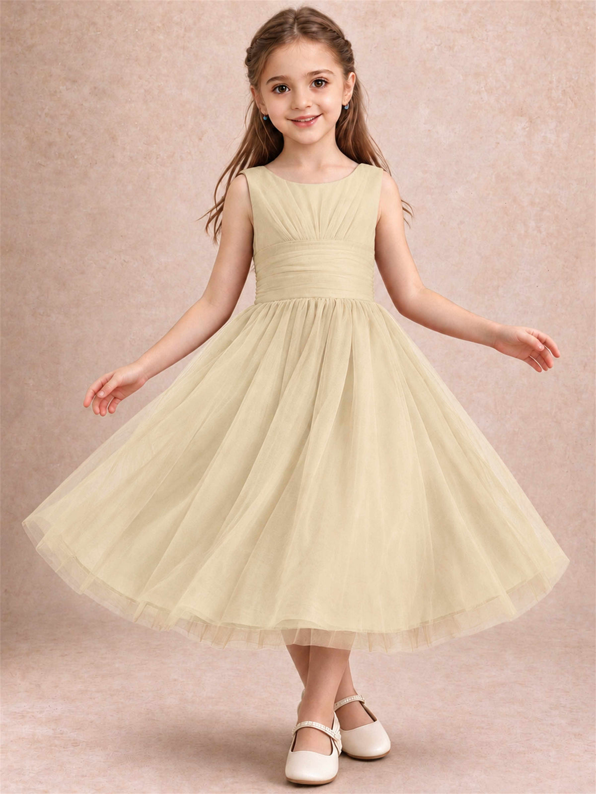 Sleeveless Tulle Flower Girl Dress A Line Tea Length Pleated Kids Wedding Party Gown
