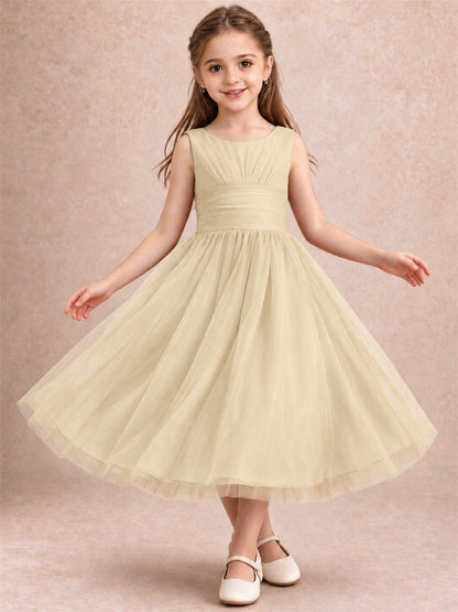 Sleeveless Tulle Flower Girl Dress A Line Tea Length Pleated Kids Wedding Party Gown