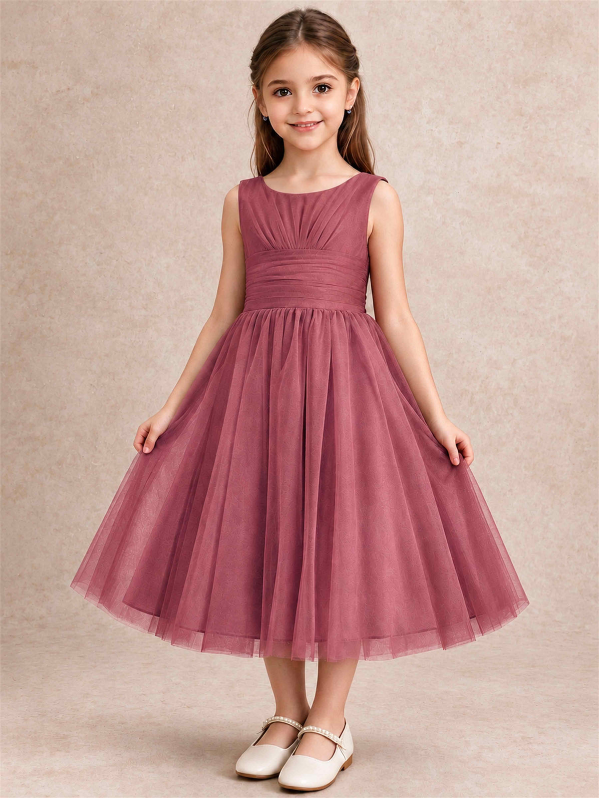 Sleeveless Tulle Flower Girl Dress A Line Tea Length Pleated Kids Wedding Party Gown