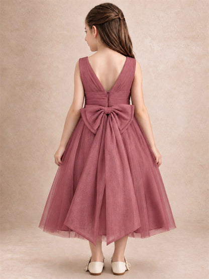 Sleeveless Tulle Flower Girl Dress A Line Tea Length Pleated Kids Wedding Party Gown