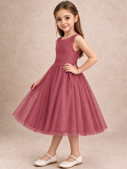 Sleeveless Tulle Flower Girl Dress A Line Tea Length Pleated Kids Wedding Party Gown