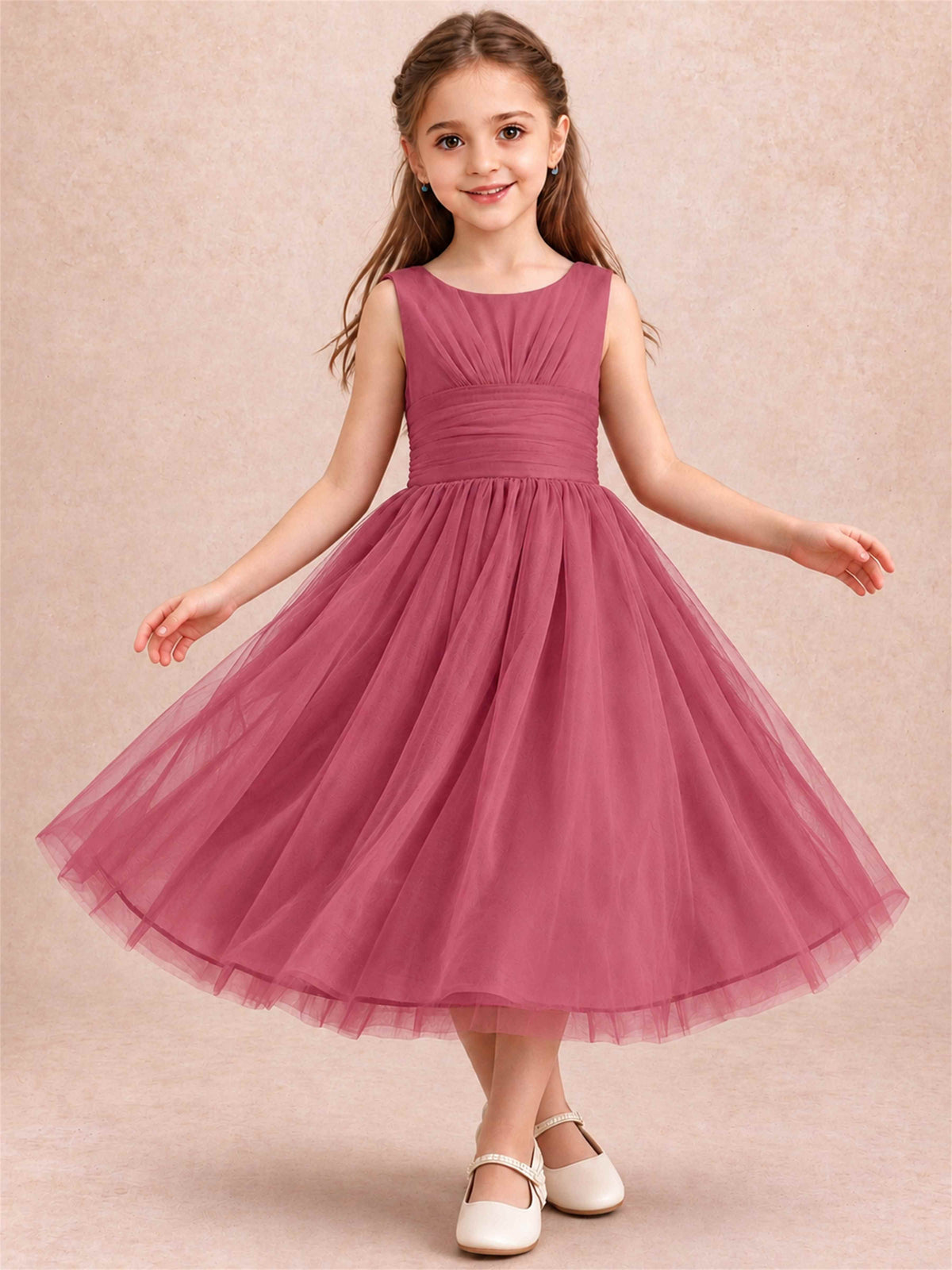 Sleeveless Tulle Flower Girl Dress A Line Tea Length Pleated Kids Wedding Party Gown