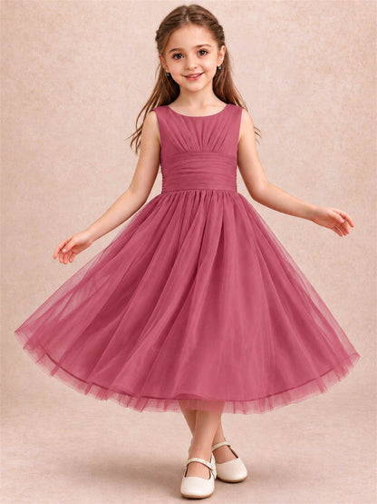 Sleeveless Tulle Flower Girl Dress A Line Tea Length Pleated Kids Wedding Party Gown