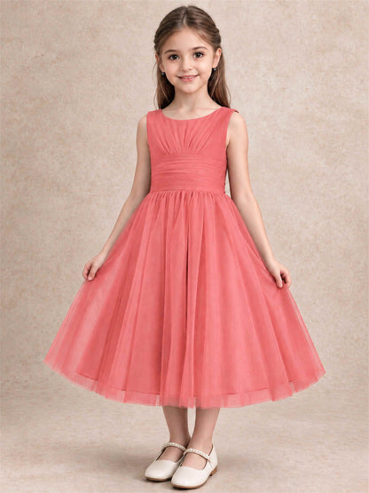 Sleeveless Tulle Flower Girl Dress A Line Tea Length Pleated Kids Wedding Party Gown