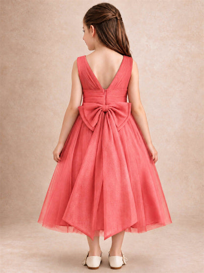 Sleeveless Tulle Flower Girl Dress A Line Tea Length Pleated Kids Wedding Party Gown