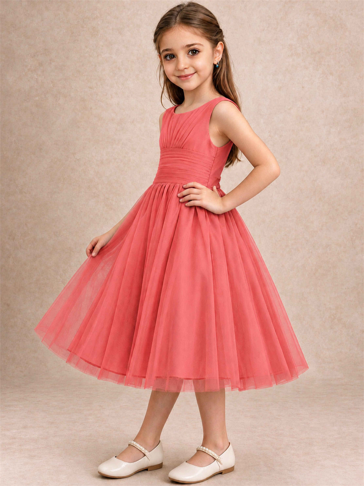 Sleeveless Tulle Flower Girl Dress A Line Tea Length Pleated Kids Wedding Party Gown