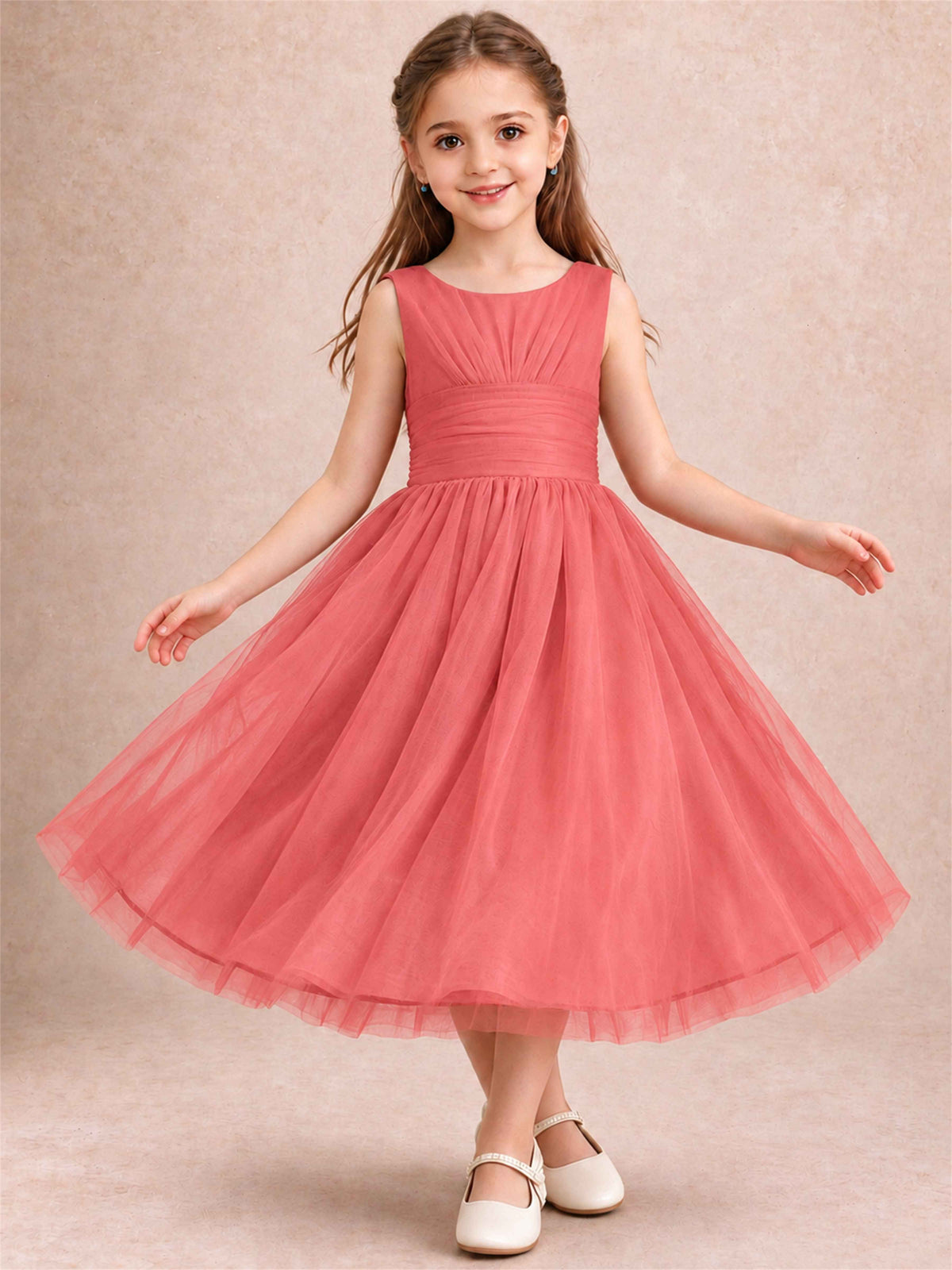 Sleeveless Tulle Flower Girl Dress A Line Tea Length Pleated Kids Wedding Party Gown