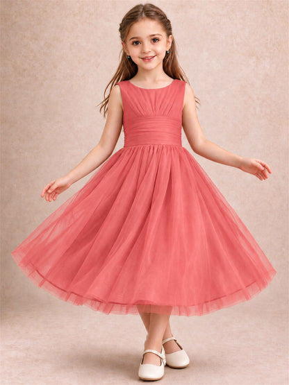 Sleeveless Tulle Flower Girl Dress A Line Tea Length Pleated Kids Wedding Party Gown
