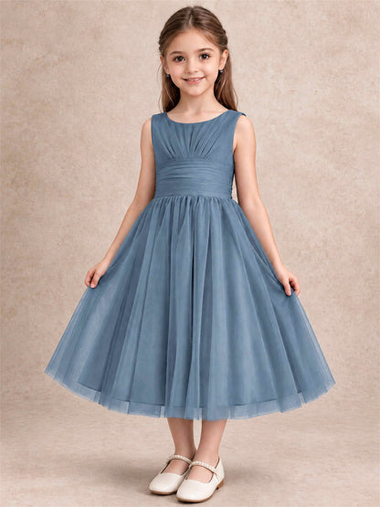Sleeveless Tulle Flower Girl Dress A Line Tea Length Pleated Kids Wedding Party Gown