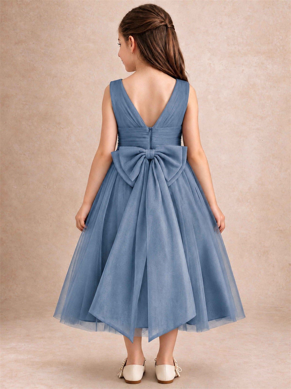 Sleeveless Tulle Flower Girl Dress A Line Tea Length Pleated Kids Wedding Party Gown