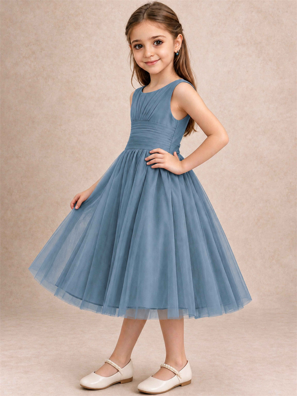 Sleeveless Tulle Flower Girl Dress A Line Tea Length Pleated Kids Wedding Party Gown