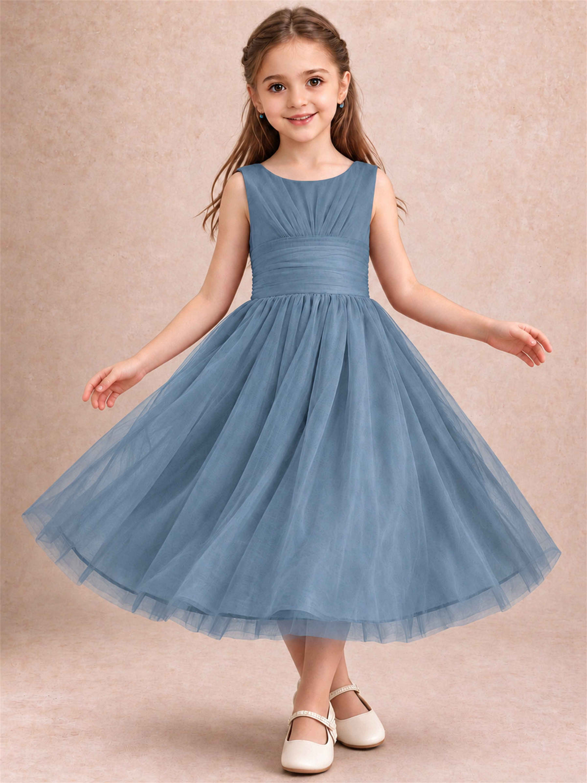 Sleeveless Tulle Flower Girl Dress A Line Tea Length Pleated Kids Wedding Party Gown