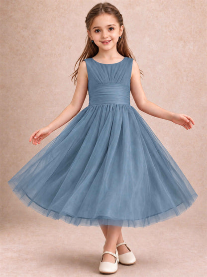 Sleeveless Tulle Flower Girl Dress A Line Tea Length Pleated Kids Wedding Party Gown