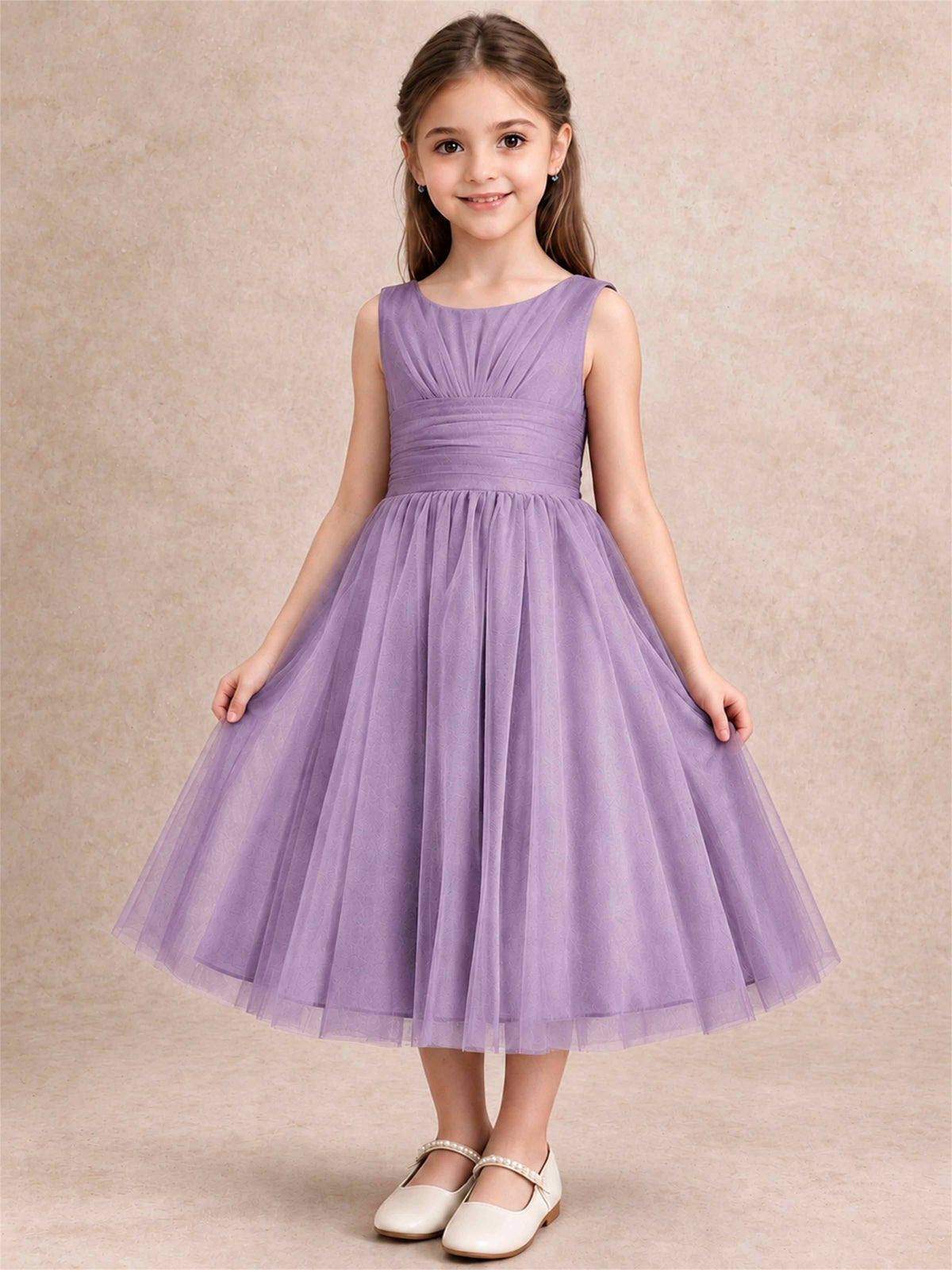 Sleeveless Tulle Flower Girl Dress A Line Tea Length Pleated Kids Wedding Party Gown