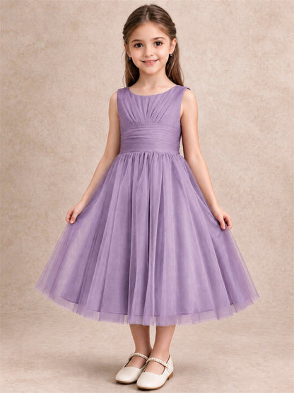 Sleeveless Tulle Flower Girl Dress A Line Tea Length Pleated Kids Wedding Party Gown