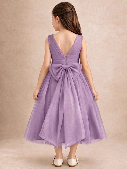 Sleeveless Tulle Flower Girl Dress A Line Tea Length Pleated Kids Wedding Party Gown
