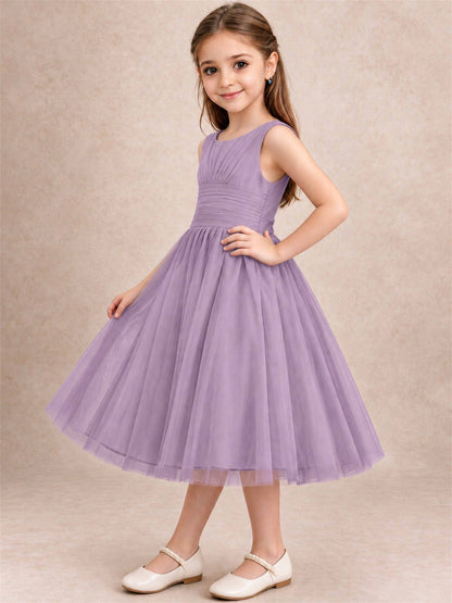 Sleeveless Tulle Flower Girl Dress A Line Tea Length Pleated Kids Wedding Party Gown