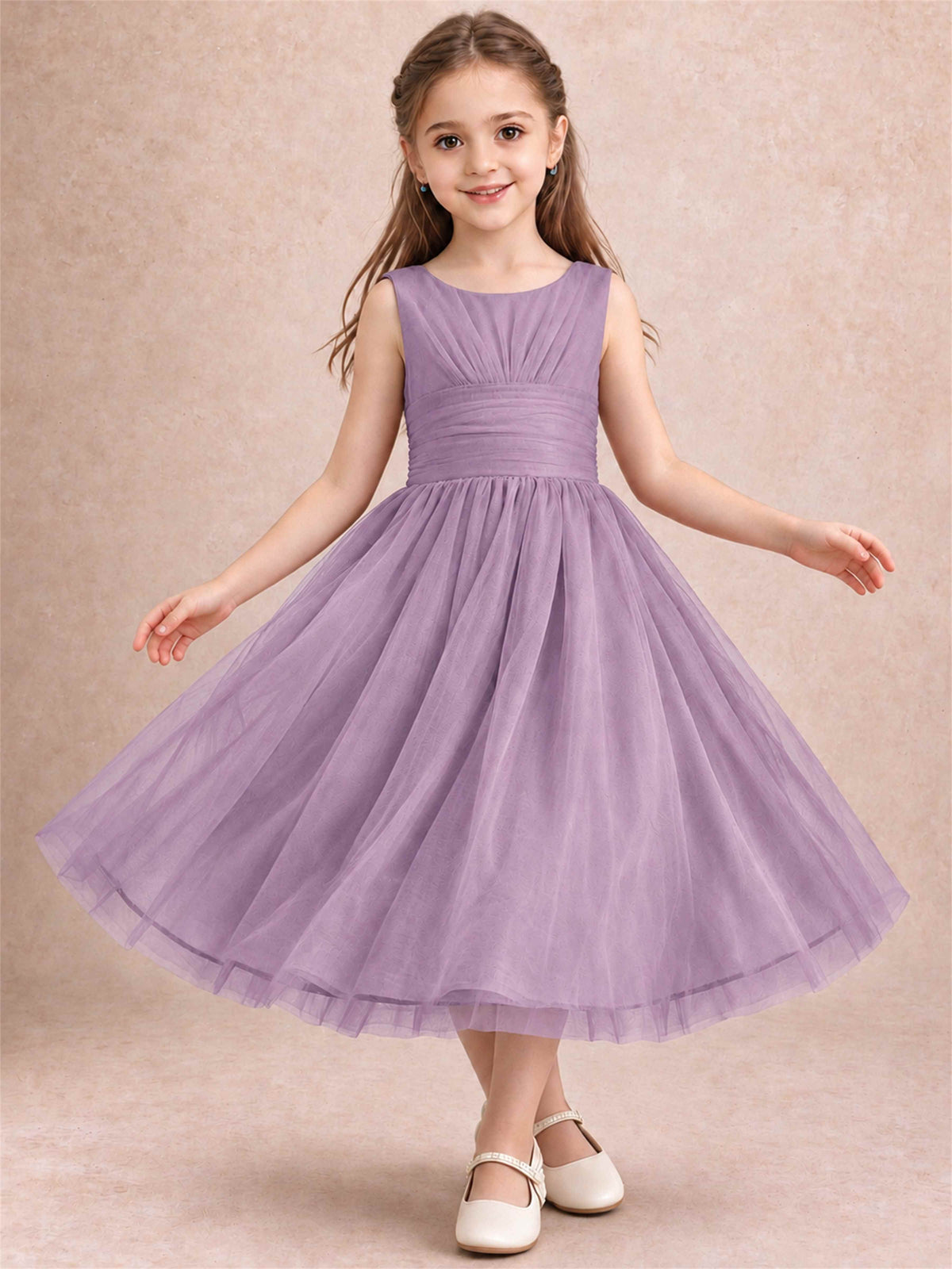 Sleeveless Tulle Flower Girl Dress A Line Tea Length Pleated Kids Wedding Party Gown