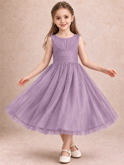 Sleeveless Tulle Flower Girl Dress A Line Tea Length Pleated Kids Wedding Party Gown