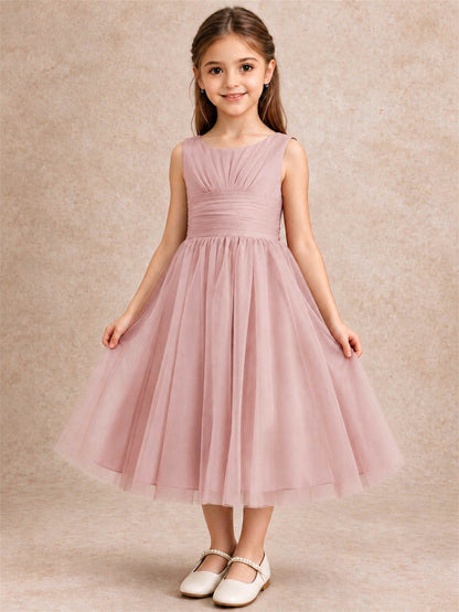 Sleeveless Tulle Flower Girl Dress A Line Tea Length Pleated Kids Wedding Party Gown
